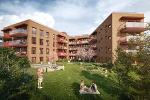 Illustrasjonsbilde av et leilighetsbygg med en park i forkant. Mange mennesker koser seg i parken. 