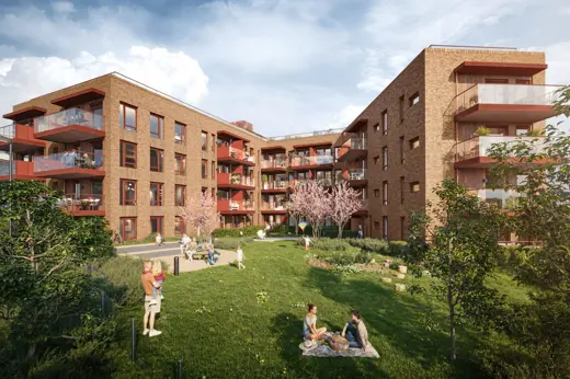 Illustrasjonsbilde av et leilighetsbygg med en park i forkant. Mange mennesker koser seg i parken. 