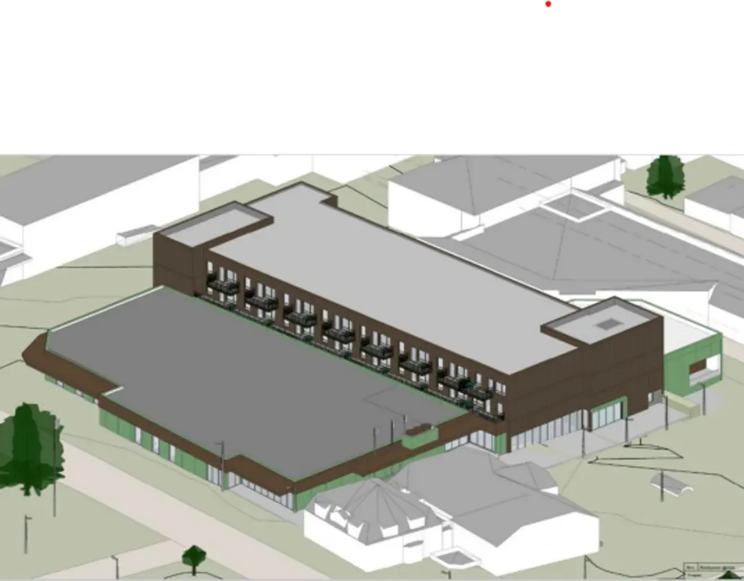 Illustrasjon av nytt bygg med opp til flere etasjer. 