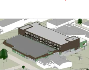 Illustrasjon av nytt bygg med opp til flere etasjer. 